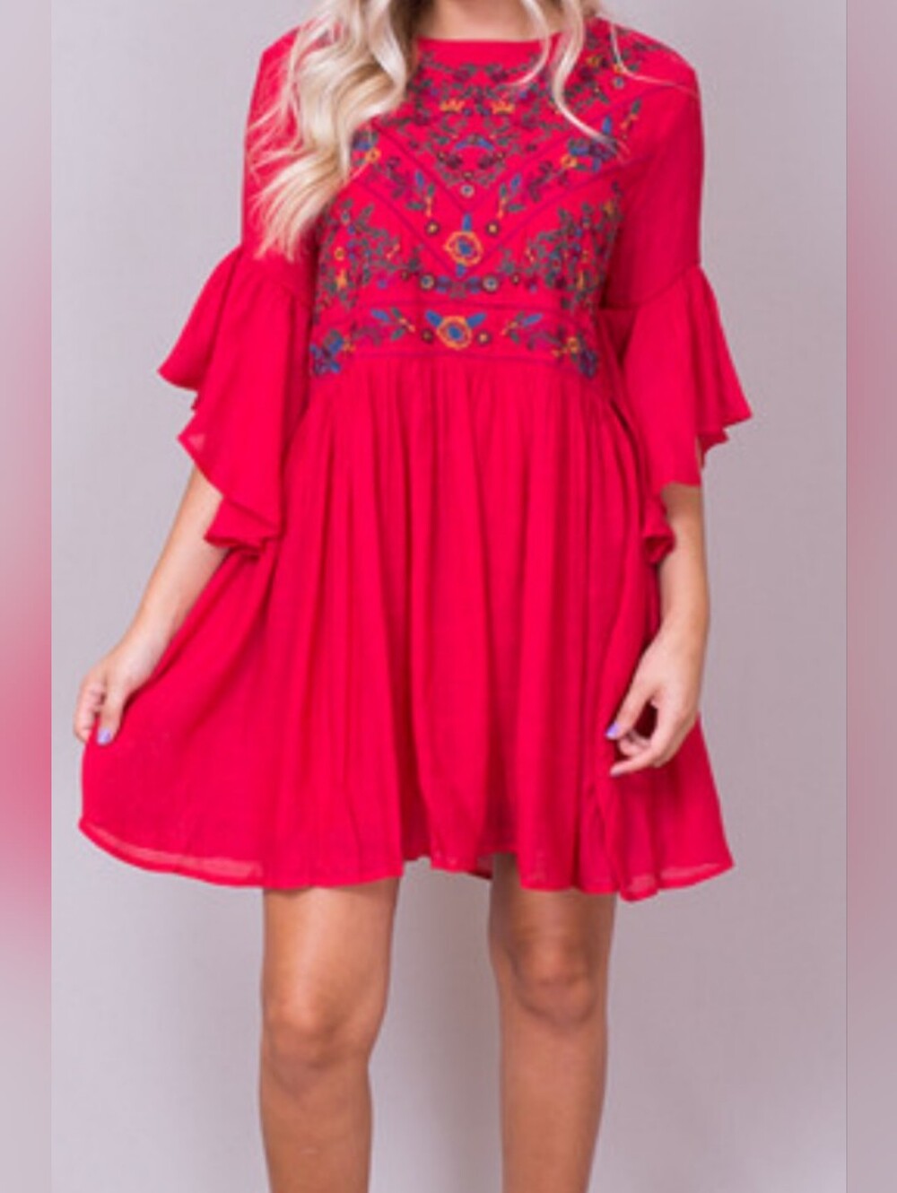Umgee Red Embroidered Mini Dress
